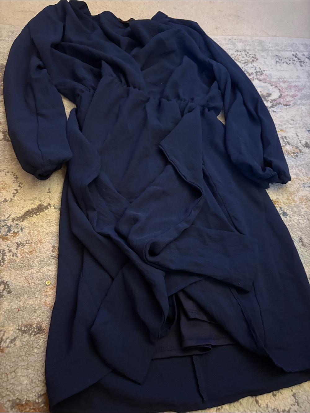 Long Sleeve Navy Wrap Dress with Elastic Waist - Unbranded